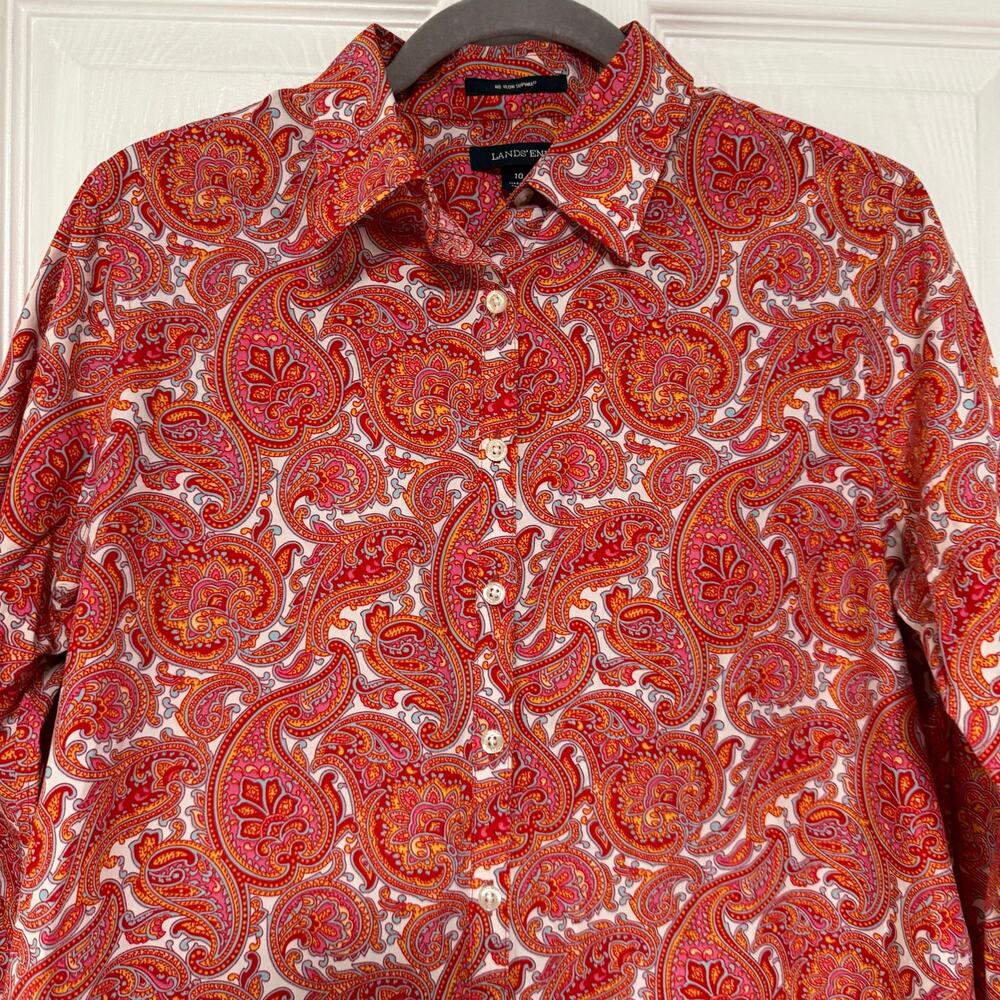 Lands' End Women's No-Iron Supima Cotton Paisley Button Front Top Size 10 - Picture 2 of 13